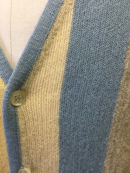 ARNOLD PALMER, Baby Blue, Yellow, Lt Yellow, Gray, Alpaca, Wool, Stripes - Vertical , Cardigan Sweater, Vertical 1.5" Wide Stripes in Alternating Baby Blue, Yellow, Gray, Etc, V-neck, 6 Buttons, Solid Baby Blue Rib Knit Cuffs and Waistband,