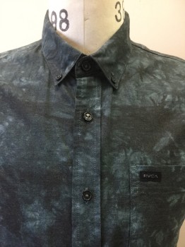 RVCA, Black, Teal Blue, Teal Green, Cotton, Polyester, Mottled, Floral, Black, Teal Blue/teal Green Mottled/floral Abstract Print, Collar Attached, Button Down, Button Front, 1 Pocket, Short Sleeves,