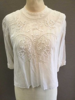 N/L, White, Cotton, Solid, Floral, Lightweight Cotton Batiste, 3/4 Sleeve, Buttons In Back, Open Threadwork Stripes and Floral Embroidery, Pintucks At Shoulders and Center Back Along Button Placket,