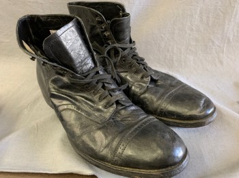 Mens, Boots 1890s-1910s, STACY ADAMS, Black, Leather, Solid, 11, Aged, Cap Toe, Lace Up Ankle