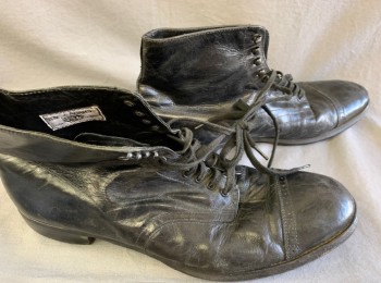 Mens, Boots 1890s-1910s, STACY ADAMS, Black, Leather, Solid, 11, Aged, Cap Toe, Lace Up Ankle