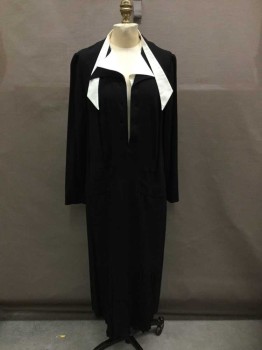 Womens, Dress, Mto , Black, White, Solid, 40, Made To Order, Crepe, Long Sleeves, White Ribbed Cotton Attached Ties And Panels @ Notched Neck, Button Holes @ Center Front** , Drop Waist, 2 Welt Pockets At Hips, Reproduction, Double,  

** This Dress Is Missing Buttons And White Panel At Center