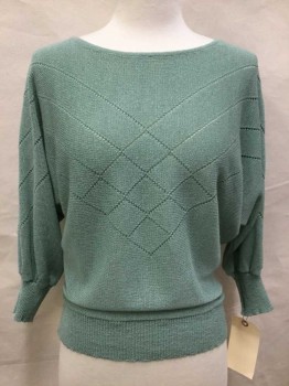 Womens, Sweater, FRISE, Mint Green, Polyester, Acrylic, Solid, Small, 3/4 Sleeves, Diamond Print Open Knit, Batwing Sleeves