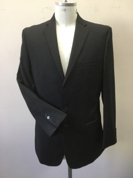Mens, Suit, Jacket, CALVIN KLEIN, Black, Wool, Polyester, Solid, 42L, Gabardine 2 Button, Single Breasted, 3 Pockets, 2 Vents at Back