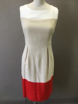 Womens, Dress, Sleeveless, KATE SPADE, Beige, White, Red, Viscose, Color Blocking, Solid, B30, 0, W25, Shoulders/Neck are White, with Beige Center/Torso , Red Bottom Near Hem, Burlap Like Textured Woven Fabric, Sleeveless, Bateau/Boat Neck, Pleats at Either Side of Front Waist, Straight Fit Skirt, Knee Length, Invisible Zipper at Center Back with Gold Zipper Pull