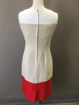 Womens, Dress, Sleeveless, KATE SPADE, Beige, White, Red, Viscose, Color Blocking, Solid, B30, 0, W25, Shoulders/Neck are White, with Beige Center/Torso , Red Bottom Near Hem, Burlap Like Textured Woven Fabric, Sleeveless, Bateau/Boat Neck, Pleats at Either Side of Front Waist, Straight Fit Skirt, Knee Length, Invisible Zipper at Center Back with Gold Zipper Pull