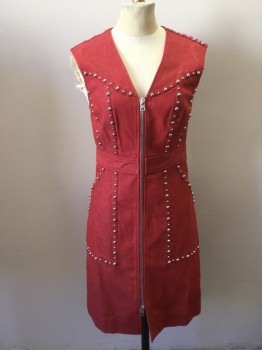 Womens, Dress, Sleeveless, DVF, Red, Cotton, Lycra, Solid, B32, 2, W28, Red Stretch Denim Designer Dress with Silver Stud Detailing. V. Neck, Sleeveless. Chunky Silver Zipper Front