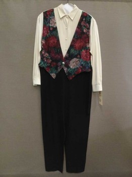 Womens, Jumpsuit, N/L, White, Black, Multi-color, Synthetic, Solid, Floral, B:38, White L/S Top With Attached Floral Vest, Black "Pants", Self Tie Back