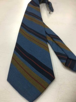 Mens, Tie, WEMBLEY, Cornflower Blue, Navy Blue, Dijon Yellow, Red, Wool, Stripes - Diagonal , 4 In Hand, See Photo Attached,