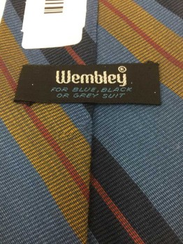Mens, Tie, WEMBLEY, Cornflower Blue, Navy Blue, Dijon Yellow, Red, Wool, Stripes - Diagonal , 4 In Hand, See Photo Attached,