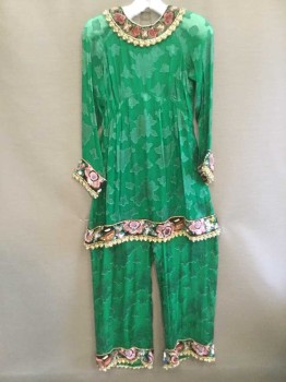 Womens, Jumpsuit, N/L, Green, Gold, Pink, Purple, White, Silk, Sequins, Floral, W 28, B 32, H 3436, Green Silk Floral Brocade Sheer Top, Raglan Long Sleeves, Empire Waist, Gathered At Waist, Zip Back, Heavily Beaded Pink/green/white/gold/purple Collar/Cuff/ Top Hem/Pant Hem, Appears As A Top with Matching Pants, Hook & Eyes Collar Back, Keyhole Back, Open Crotch with Snap