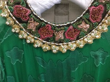 Womens, Jumpsuit, N/L, Green, Gold, Pink, Purple, White, Silk, Sequins, Floral, W 28, B 32, H 3436, Green Silk Floral Brocade Sheer Top, Raglan Long Sleeves, Empire Waist, Gathered At Waist, Zip Back, Heavily Beaded Pink/green/white/gold/purple Collar/Cuff/ Top Hem/Pant Hem, Appears As A Top with Matching Pants, Hook & Eyes Collar Back, Keyhole Back, Open Crotch with Snap