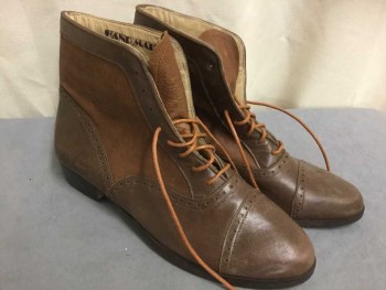Mens, Boots 1890s-1910s, PAULO, Brown, Leather, Solid, 9.5, Ankle Boot, with Slightly Lighter Brown Panel, Hole Punch Detail at Seams, Cap Toe,