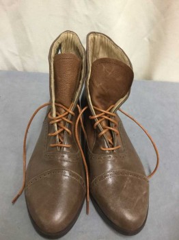 Mens, Boots 1890s-1910s, PAULO, Brown, Leather, Solid, 9.5, Ankle Boot, with Slightly Lighter Brown Panel, Hole Punch Detail at Seams, Cap Toe,