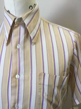 Mens, Dress Shirt, N/L, Beige, Lavender Purple, Lt Yellow, White, Polyester, Cotton, Stripes - Vertical , S, Button Front, Short Sleeves, 1 Pocket, Sheer
