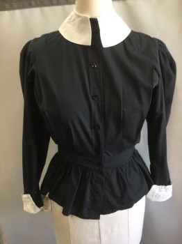 N/L, Black, White, Solid, Long Sleeve Button Front, White Round Collar and White Undersleeve At Cuffs, One 1" Wide Pleat At Each Shoulder That Starts At Center Front Shoulder and Goes Back To Center Back Waist, Forms A "V" Shape In Back, Puffy Sleeves Gathered At Shoulders, 1" Wide Self Waistband with Gathered Peplum Bottom, Made To Order,