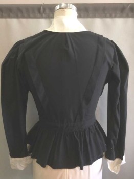 N/L, Black, White, Solid, Long Sleeve Button Front, White Round Collar and White Undersleeve At Cuffs, One 1" Wide Pleat At Each Shoulder That Starts At Center Front Shoulder and Goes Back To Center Back Waist, Forms A "V" Shape In Back, Puffy Sleeves Gathered At Shoulders, 1" Wide Self Waistband with Gathered Peplum Bottom, Made To Order,