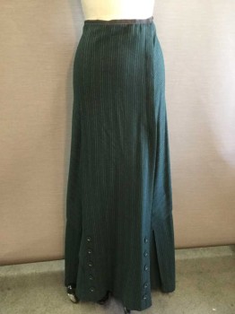 N/L, Forest Green, Orange, Cream, Wool, Stripes - Pin, with 1/2" Charcoal Faille Waistband, Hidden Side Front Hook & Eye Closures, Pleats At Hem On Either Side, 2 Columns Of Dark Green Decorative Buttons Near Hem, Asymmetric Diagonal Panels In Back, Floor Length Hem, Made To Order,