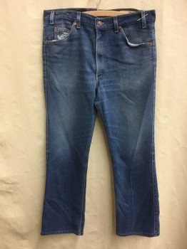 Mens, Jeans, LEVI'S 517, Denim Blue, Blue, Lt Blue, Cotton, Polyester, 34/30, Medium Faded Denim, Boot Cut, Creased, Tan Topstitching, Zip Fly, Some Wear At Pockets