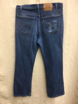 Mens, Jeans, LEVI'S 517, Denim Blue, Blue, Lt Blue, Cotton, Polyester, 34/30, Medium Faded Denim, Boot Cut, Creased, Tan Topstitching, Zip Fly, Some Wear At Pockets