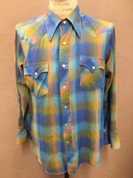 Mens, Western Shirt, CHAMPION WESTERNS, Royal Blue, Blue, Lime Green, Brown, Rust Orange, Cotton, Plaid, Long Sleeves, Snap Front, 2 Pockets, Collar Attached,  White/Silver Snaps,