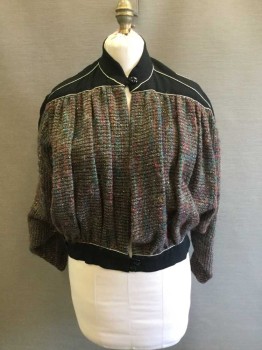 N/L, Black, Pink, Teal Blue, Teal Green, Lt Brown, Wool, Tweed, Solid, Crepe with Gold Piping Mandarin Collar/Shoulders/back Yoke/Waistband, Tweed Gathered/Pleated Multicolor Body with Dolman-like Sleeve, 1 Button & Loop at Neck, Open Front, 2 Button & Loop Waistband (1 Button Missing)