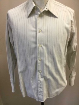 Mens, Dress Shirt, N/L, Off White, Black, Charcoal Gray, Cotton, Stripes - Pin, 33, 15.5, Made To Order, Long Sleeves, Button Front, Collar Attached with Long Collar Points, Dotted Pinstripes, Heavy Weight Cotton, No Buttons at the Cuff, Cuff Links Needed