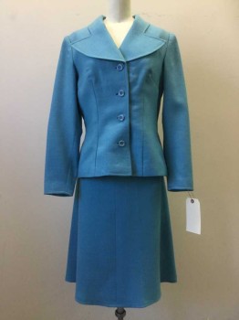 Womens, 1960s Vintage, Suit, Jacket, N/L, Turquoise Blue, Wool, Solid, B 34, Single Breasted, Unusual Collar Attached, 4 Button Front, Fitted,
