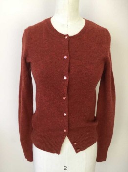 J CREW, Burnt Orange, Red, Cashmere, Mottled, Long Sleeves, Crew Neck, Ribbed Knit Collar/Cuff/Waist, Opalescent Buttons