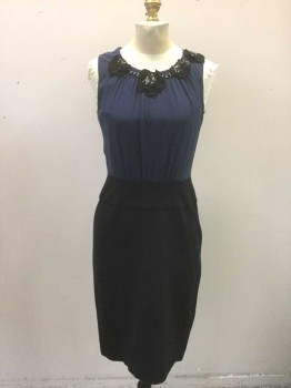 TAYLOR, Navy Blue, Black, Silk, Rayon, Top is Navy Silk, Sleeveless, Black 3D Rosettes at Scoop Neck, with Black Chain and Black Beaded Detail, Bottom is Solid Black Stretch Jersey, Straight Fit, Hem Above Knee