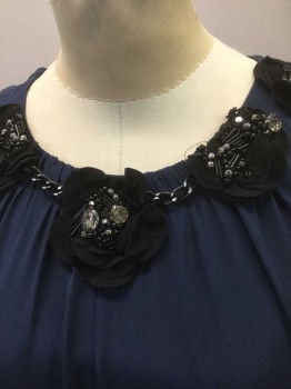 TAYLOR, Navy Blue, Black, Silk, Rayon, Top is Navy Silk, Sleeveless, Black 3D Rosettes at Scoop Neck, with Black Chain and Black Beaded Detail, Bottom is Solid Black Stretch Jersey, Straight Fit, Hem Above Knee