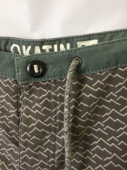 Mens, Swim Trunks, KATIN, Gray, White, Sage Green, Polyester, Spandex, Geometric, W:34, Gray with White Zig Zag/Abstract Lines, 1" Wide Solid Sage Waistband, Snap Closures at Fly, Gray Drawstrings, 3 Pockets, 8" Inseam