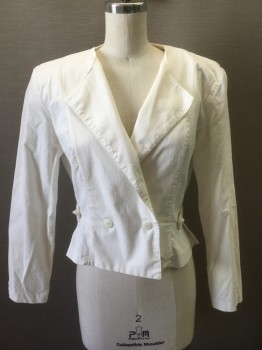 Womens, Blazer, JUDY'S, Off White, Cotton, Solid, W:26, B:36, 7/8, Double Breasted, Large Shoulder Pads, Pointed Lapel, Self Belt with Button Closures at Sides, No Lining, **Has Gray Ink Stains on Shoulder