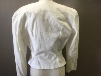 JUDY'S, Off White, Cotton, Solid, Double Breasted, Large Shoulder Pads, Pointed Lapel, Self Belt with Button Closures at Sides, No Lining, **Has Gray Ink Stains on Shoulder