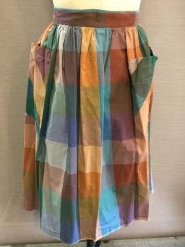 1045 PARK, Teal Blue, Mustard Yellow, Teal Green, Brown, Tan Brown, Polyester, Cotton, Check , Skirt with 2 Pockets, Zipper Back,