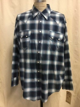 ROCKMOUNT, Navy Blue, Baby Blue, White, Cotton, Plaid, Navy/ Baby Blue/ White Plaid, White Diamond Snap Front, Collar Attached, 2 Flap Pockets, Long Sleeves,