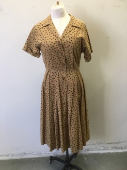 NL, Lt Brown, Dk Brown, Dk Red, Poly/Cotton, Polka Dots, Button Front, Open Collar, Short Sleeves with Cuffs, 1 Pocket, Skirt Pleated to Waist. Some Sun Damage at Shoulders