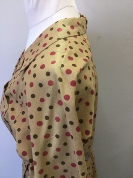 NL, Lt Brown, Dk Brown, Dk Red, Poly/Cotton, Polka Dots, Button Front, Open Collar, Short Sleeves with Cuffs, 1 Pocket, Skirt Pleated to Waist. Some Sun Damage at Shoulders