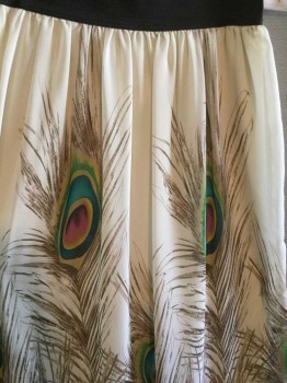 Womens, Skirt, Below Knee, CATCH MY I, Cream, Brown, Teal Blue, Green, Yellow, Polyester, Novelty Pattern, (Double) Cream W/brown, Teal Blue, Green Yellow, Pink Large Peacock Feather Print Sheer W/cream Lining, , 2" Black Elastic Waistband
