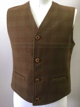 Mens, Vest, MTO, Brown, Olive Green, Red Burgundy, Brown, Wool, Houndstooth, 42, 4 Buttons, 2 Pockets, Houndstooth, Only the Front Is Lined