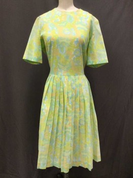 N/L, Lime Green, Yellow, Lt Blue, Polyester, Floral, Novelty Pattern, Short Sleeve,  Round Neck,  Pleated Skirt, Zipper At Center Back,