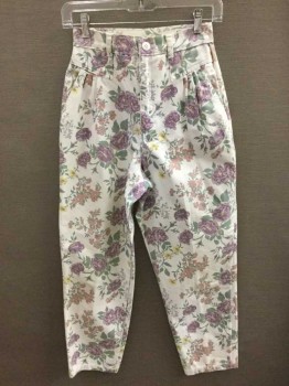 Womens, Jeans, CHEROKEE, White, Lavender Purple, Pink, Lt Yellow, Sage Green, Cotton, Floral, W22, 6 P, White W/Pastel Florals Denim, Pleated At Panels Below Waist Band, High Waisted, Tapered Leg, Zip Fly, 2 Front Pockets,
