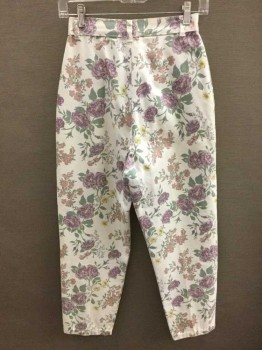 Womens, Jeans, CHEROKEE, White, Lavender Purple, Pink, Lt Yellow, Sage Green, Cotton, Floral, W22, 6 P, White W/Pastel Florals Denim, Pleated At Panels Below Waist Band, High Waisted, Tapered Leg, Zip Fly, 2 Front Pockets,