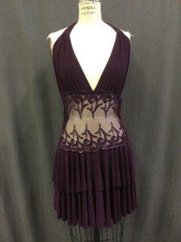 E.K. CLOTHING, Aubergine Purple, Spandex, Sequins, Solid, Abstract , Plunging V-neck, Halter, Sheer Torso, Ruffle Tiered Skirt, Thin Knit, No Support