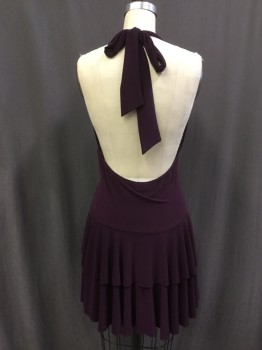 E.K. CLOTHING, Aubergine Purple, Spandex, Sequins, Solid, Abstract , Plunging V-neck, Halter, Sheer Torso, Ruffle Tiered Skirt, Thin Knit, No Support