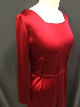 MTO, Red, Silk, Solid, Charmeuse, Square Neck, Long Sleeves, Bias Cut Full Length Gown, with MATCHING BELT, Buttons and Snaps Center Back, 1930's Look