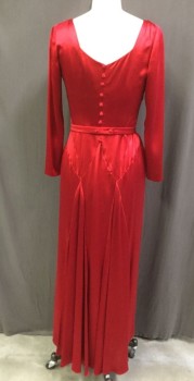 MTO, Red, Silk, Solid, Charmeuse, Square Neck, Long Sleeves, Bias Cut Full Length Gown, with MATCHING BELT, Buttons and Snaps Center Back, 1930's Look