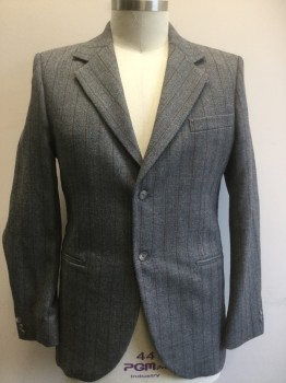 Mens, 1930s Vintage, Suit, Jacket, MARK COSTELLO, Gray, Brown, Wool, Mohair, Stripes - Pin, 44R, Gabardine, Single Breasted, Collar Attached, Notched Lapel, 2 Buttons,  3 Pockets, Multiples, See FC017018 & FC013391