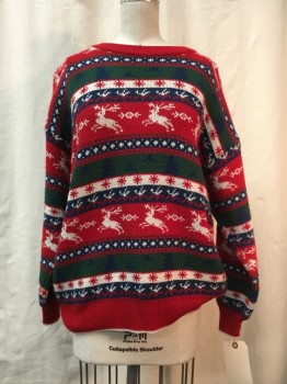 Womens, Sweater, BASICALLY NORDSTROM, Red, Navy Blue, White, Forest Green, Acrylic, Holiday, Stripes, L, Crew Neck, Christmas Theme, Reindeer, Snowflakes