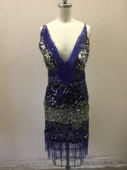 N/L, Royal Blue, Black, Silver, Polyester, Sequins, Abstract , Black Background with Silver and Royal Blue Sequins, Royal Blue Beaded Fringe, Spaghetti Straps, Padded Bust, Mini Length